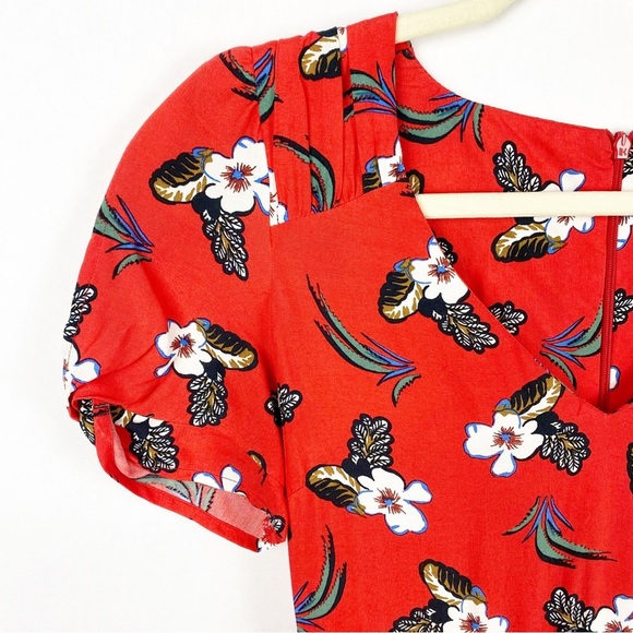 Topshop Red Tropical Floral Tea Dress V-Neck Shoret Sleeve Size 2 Back Zipper - Picture 4 of 6